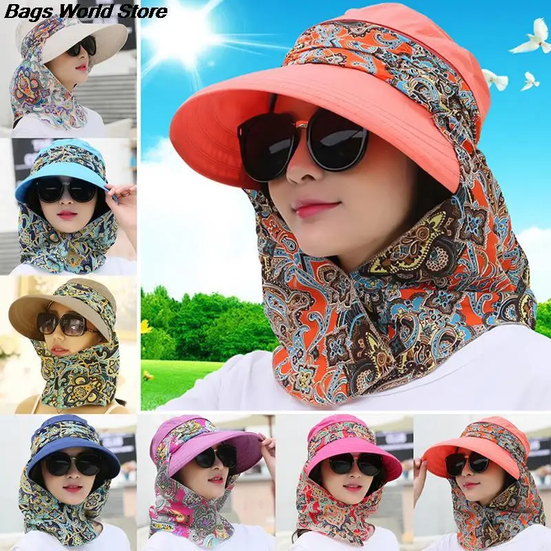 

1 x Fashion Women Summer Outdoor Riding Anti-UV Sun Hat Beach Foldable Sunscreen Floral Print Caps Neck Face Wide Brim Hat