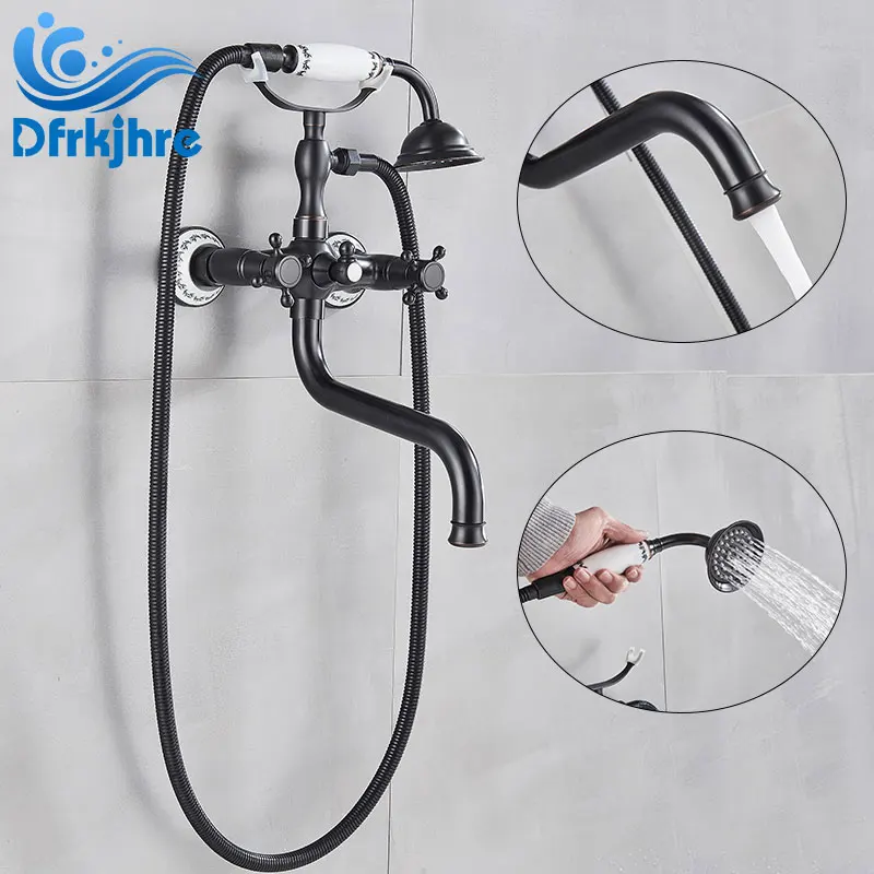 

Bathtub Faucet Wall Mounted ORB Tub Sink 360 Rotation Spout Dual Handle With Handshower Faucets Hot Cold Bath Shower Mixer Tap