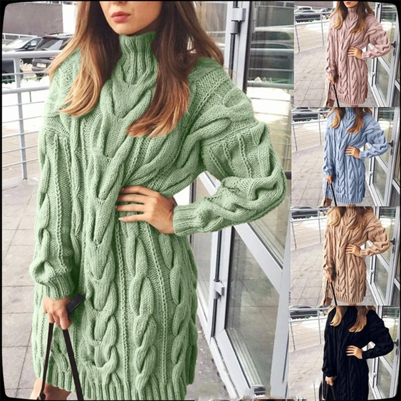 

Sweater Dress Women High Colar Long Sleeve Pure Color Knitted Pullover Autumn Winter Casual Oversize Sweaters Female Pullovers