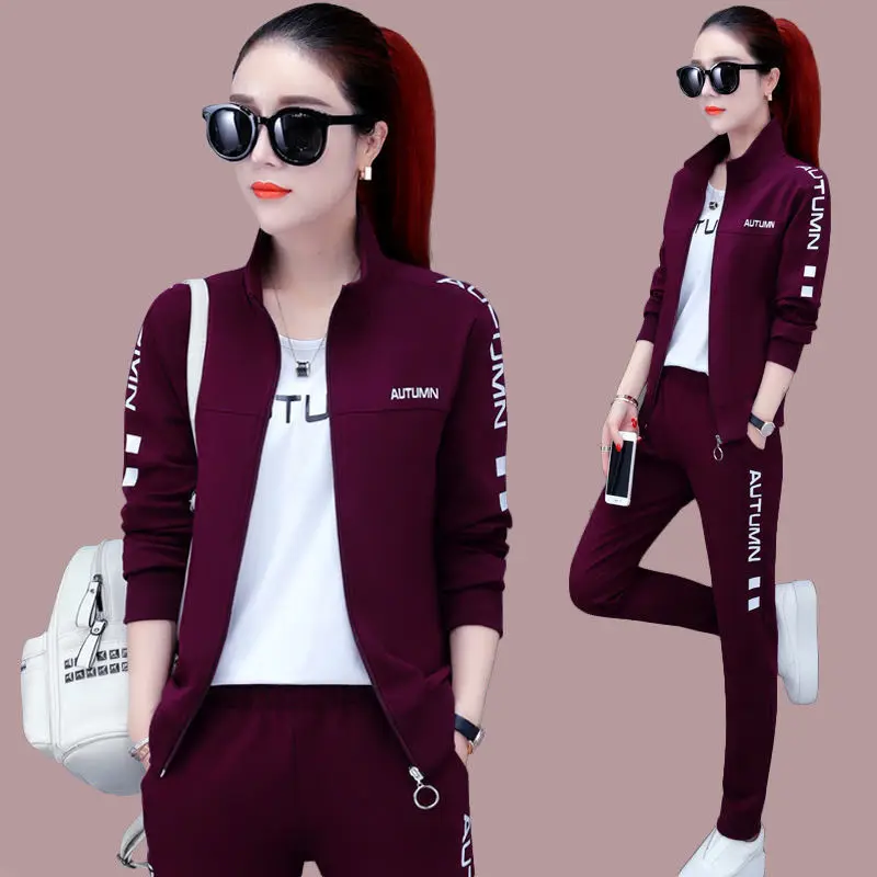 

Spring three piece suit for women 2021 new Korean autumn long sleeve sweater coat large casual sportswear suit for women