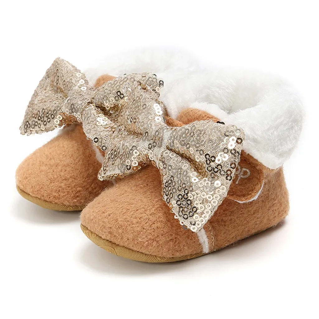 Теплые зимние ботинки с блестками и бантом для маленьких девочек; bootie shoes; Детский костюм; высокое качество