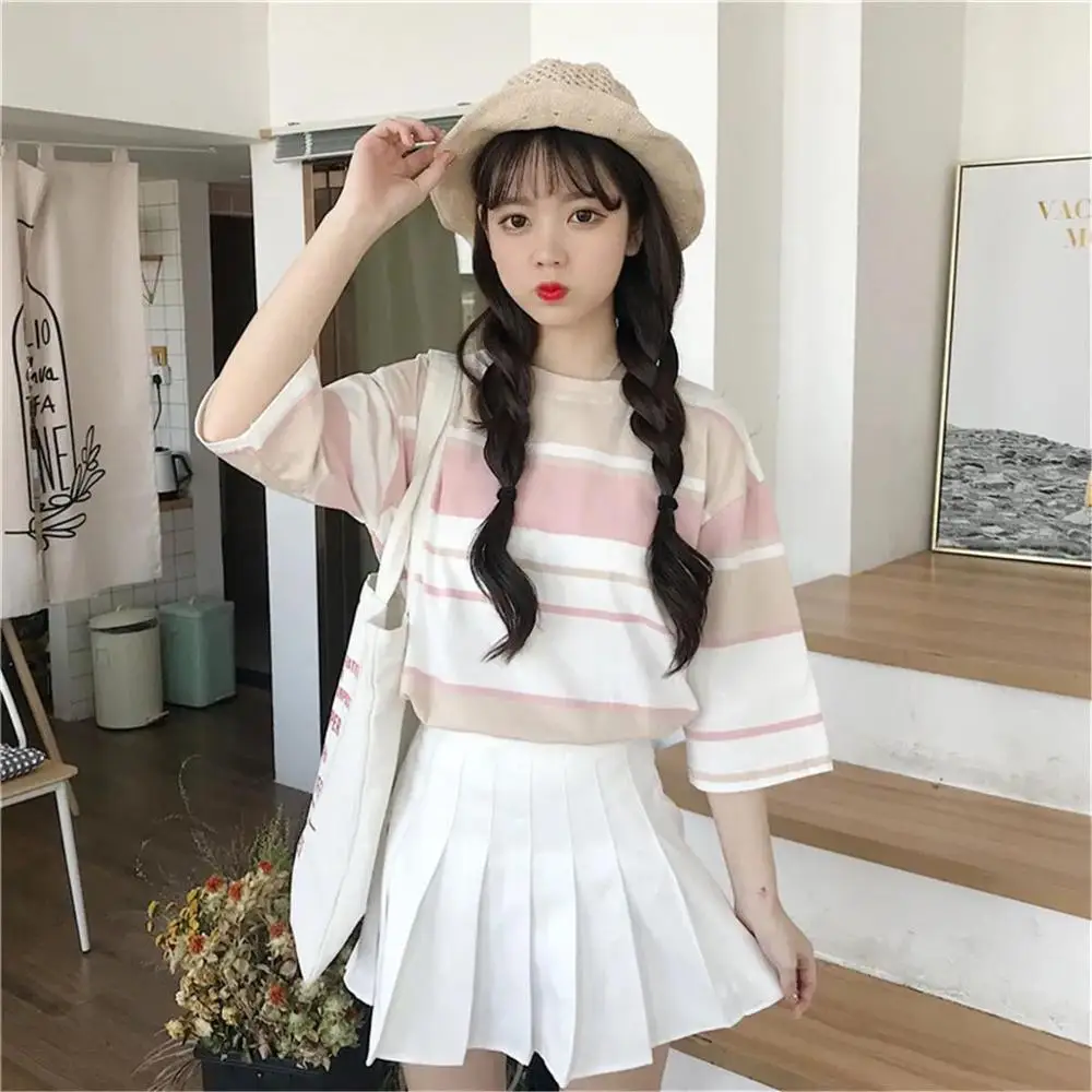 

T-shirts Women O-Neck Striped Sweet Loose Korean Style Trendy All-match Womens Clothing Kawaii Short Sleeve Leisure Daily Simple