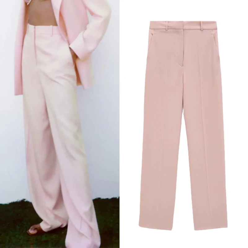 

2021 Za Women's Pants Vintage Pink High Waist Office Lady Wide Pants Woman Spring Casual Trousers Chic Straight Loose Suit Pant