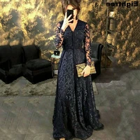 muslim black lace moroccan kaftan evening dresses v neck long sleeves arabic special occasion dress a line formal prom gowns
