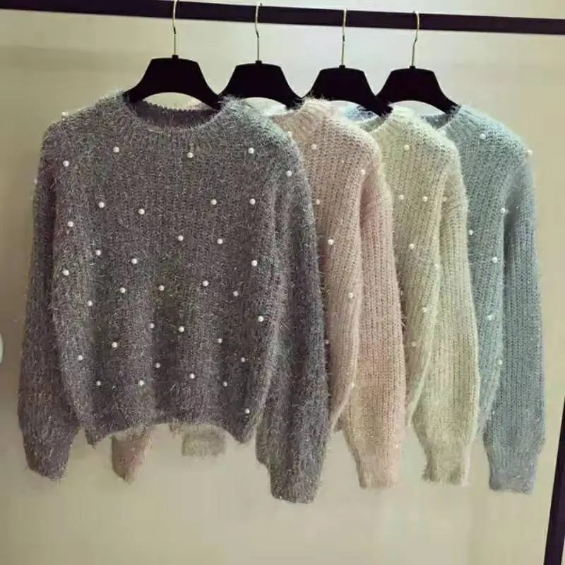 Женский Пушистый свитер с бусинами и жемчугом укороченный топ круглым вырезом