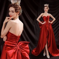 new arrival red a line formal evening dresses sexy side split satin ruched prom gowns robe de soiree 2021 maid of honor bridesma