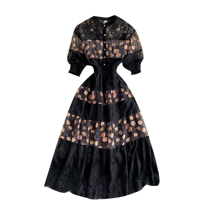 

Summer Polka Dot Lace Office Dress Women O Neck Short Sleeve Black Vintage Vestidos Mujer Elegant Evening Party Long Dresses