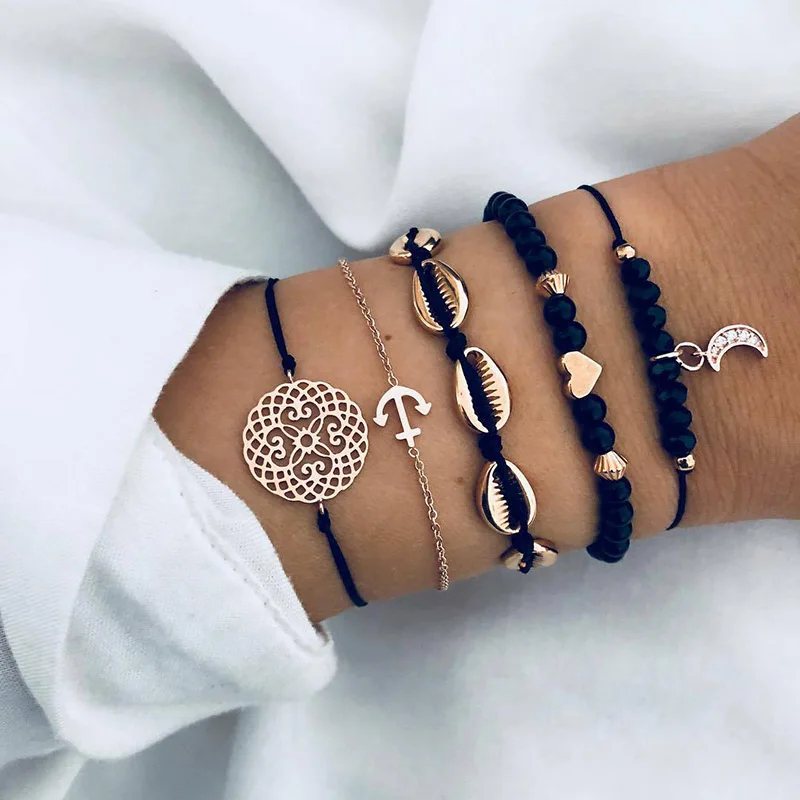 5 шт./компл. модный анкерный черный браслет наборы полых цветочных ракушек бусины