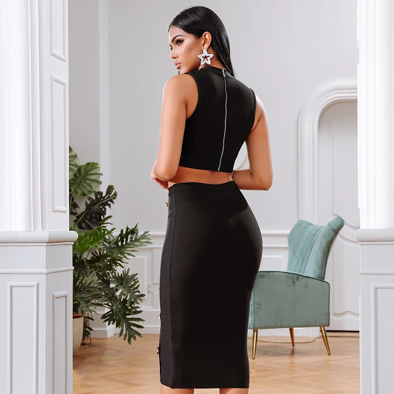 

Seamyla 2021 New Women Summer Sexy Black Bandage 2 Two Pieces Sets Short Top & Skirts Buttons Club Celebrity Evening Party Sets