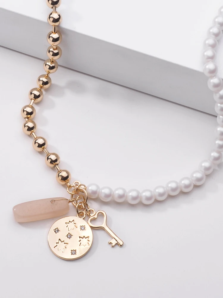 LUNA CHIAO Fresh Water Pearl Strand Necklace Gold Color Ball Chain Link Natural Stone Key Coin Charm Pendant Necklaces for Women | Украшения