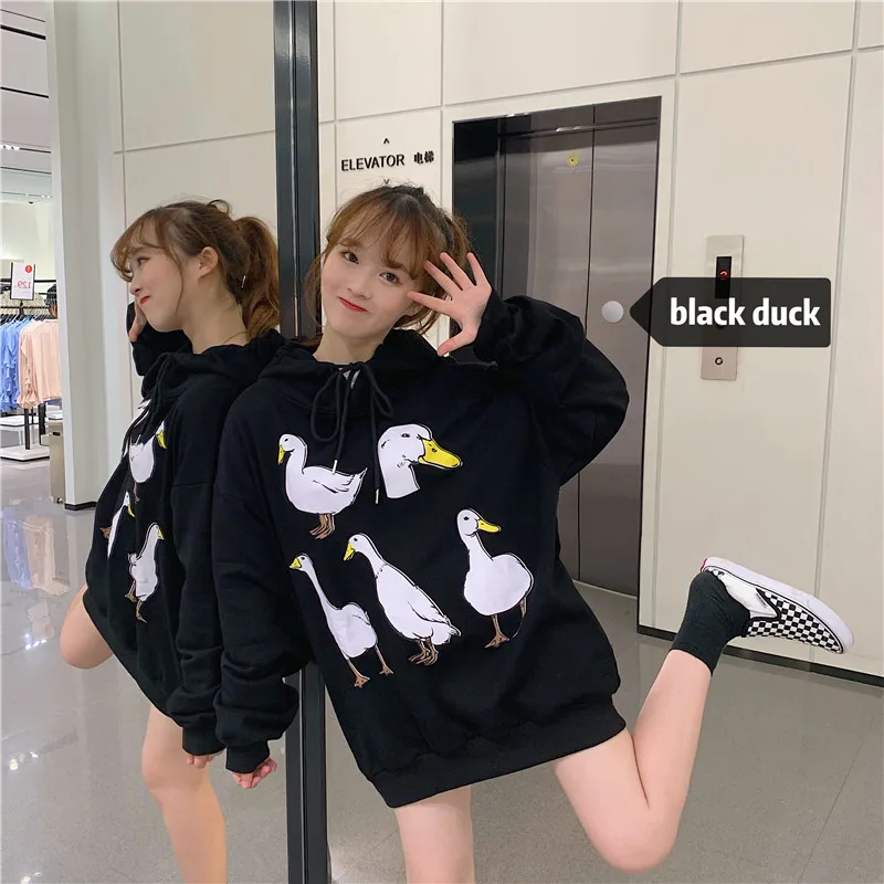 

Женские толстовки с капюшоном, свитшот с милым утенком, Зимний пуловер 2019, плотная Свободная Женская Студенческая Толстовка в стиле Харадзю...