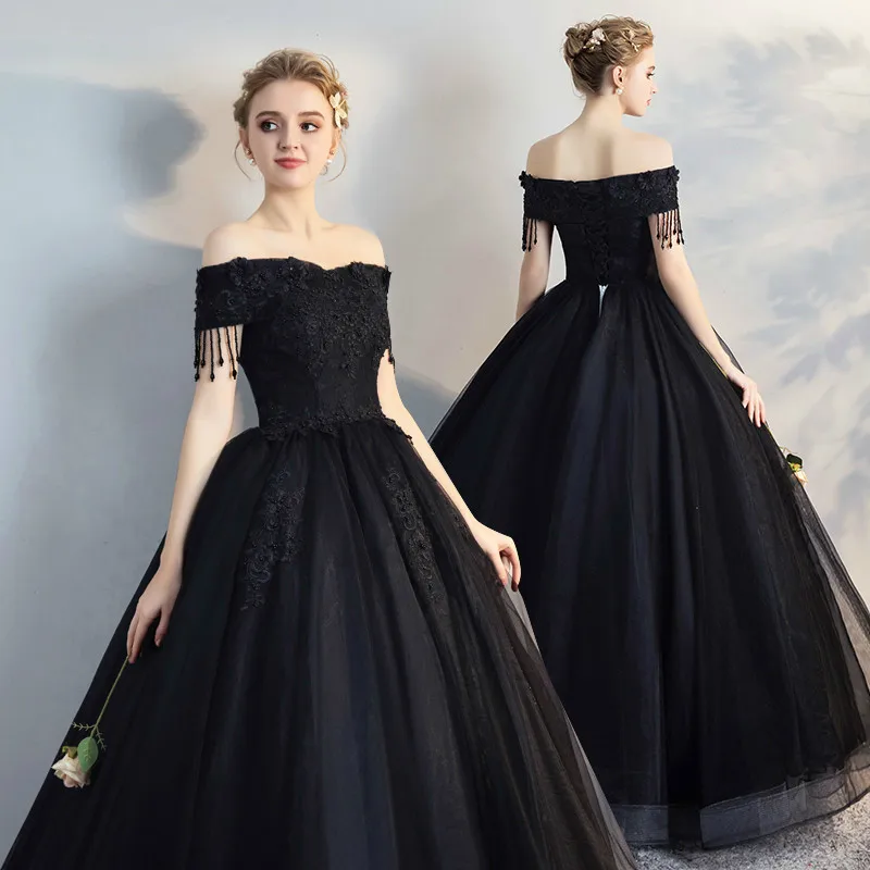 

Black Off Shoulder Sexy Ball Dresses 2020 Handmade Flowers Floor Length Tulle Evening Gowns