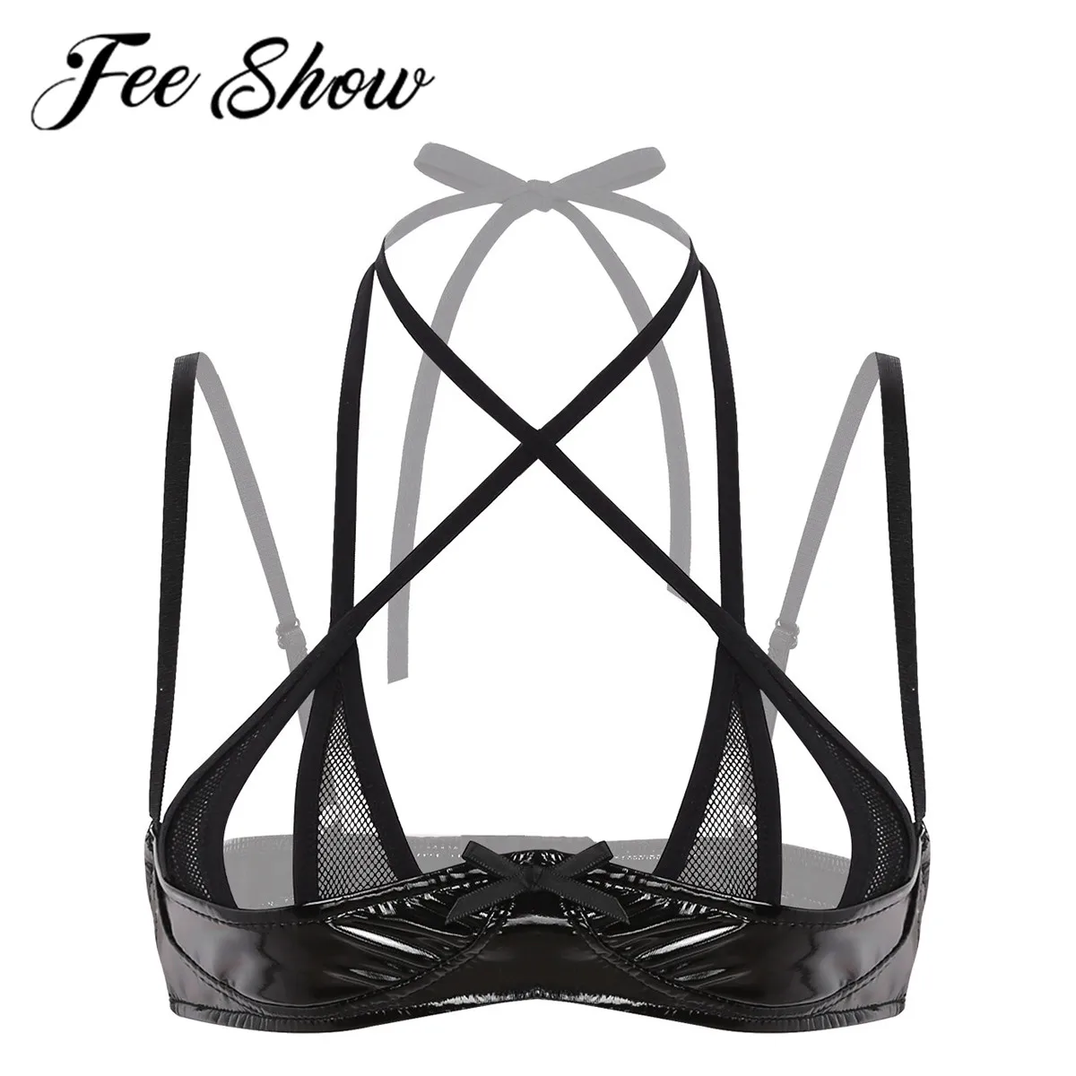 

Women Bralette Wire-free Unlined Bra Top Adjustable Latex See Through Shelf Underwear Adult Wetlook Leather Halter Neck Lingerie