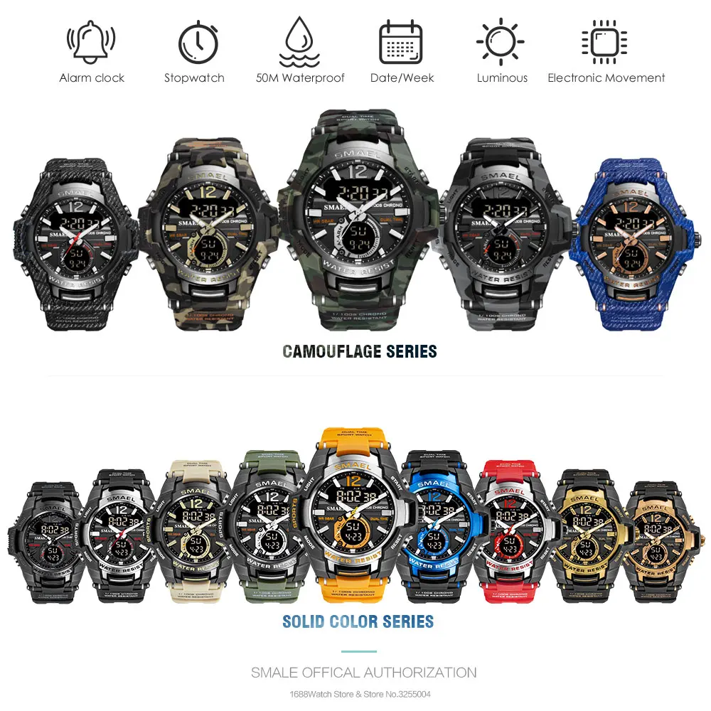 SMAEL Dual Time Army Sport Watch for Men Luminous Waterproof Quart Digital Wristwatch Alarm Clock LED Backlight Calendar 1805 images - 6