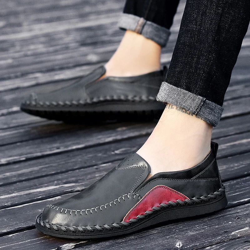 

British Style Shoes Men handmade sewing spring Autumn Casual Shoes Men Breathable genuine Leather Loafers Trend Lazy Loafers