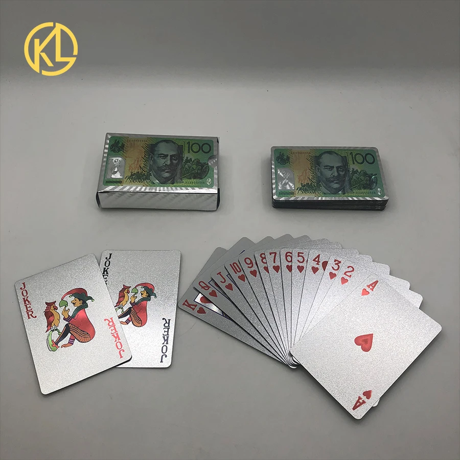 Прочный PET материал золото или серебро 100 USD банкноты спроектированные игральные карты с деревянной коробкой для игры в азартные игры и детские подарки - Цвет: 100AUDSilver