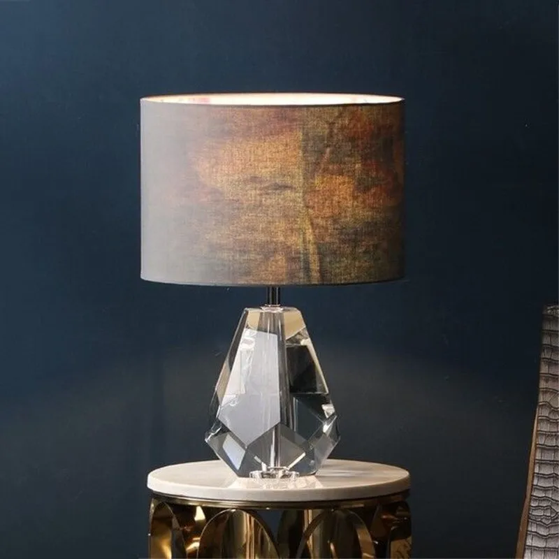 

Europe Crystal LED Lights Cloth Table Lamp Shade Art Deco Table Light For Bedroom Bedside Hotel Study Living Room Desk Lamp E27