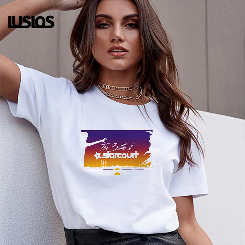 LUSLOS смешной фильм футболка Stanger вещи принт Для женщин летние шорты рукав Повседневное белая футболка с круглым вырезом топы для женщин Harajuku футболки для девочек