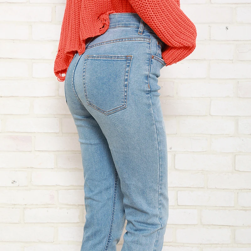 Autumn Winter Women Denim Skinny Pant Stretch High Waist Washed Blue Destroy/Rips Slim Elastic Lady Jeans