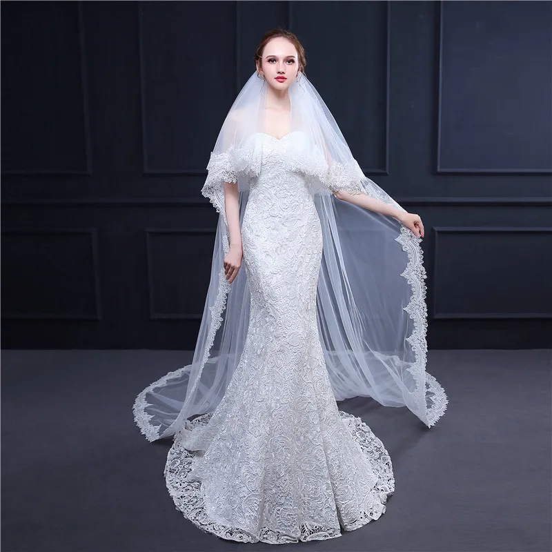 

Wedding Veil Two Layer Luxury 3 Meters Long Full Edge Lace White Ivory Tulle Bridal Veil With Comb TS076