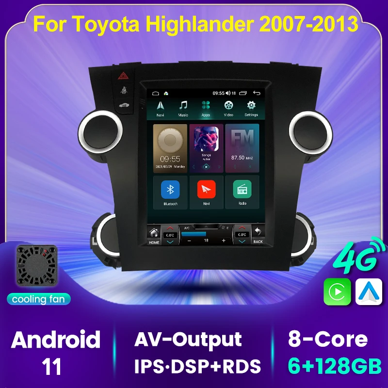 128G Tesla Screen Carplay Android автомобильный Радио стерео приемник для Toyota Highlander 2007 2008 2009 2010