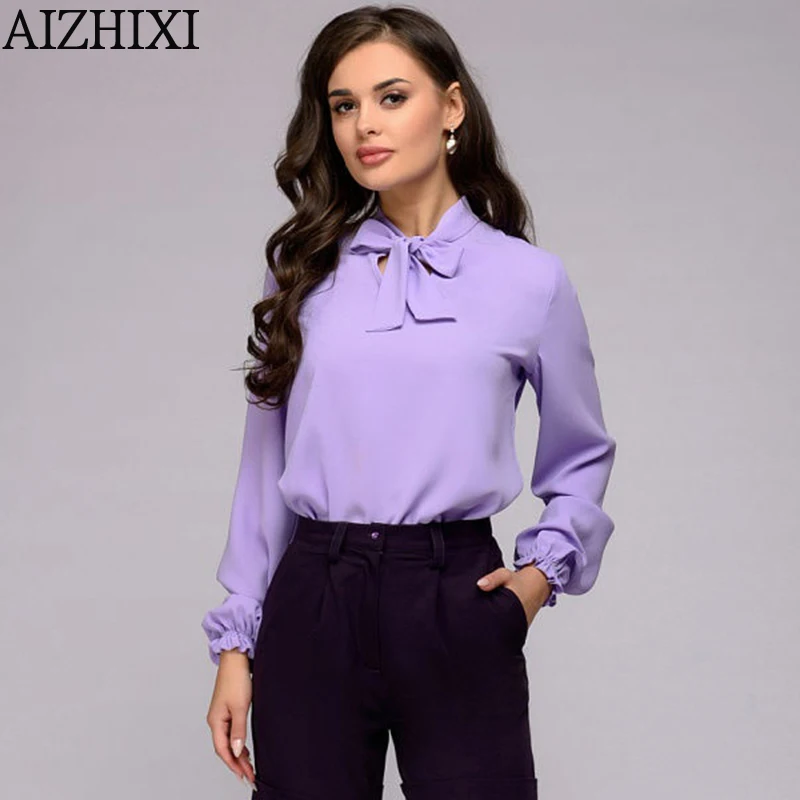 AIZHIXI, женские шифоновые блузки с галстуком-бабочкой, весенне-летние однотонные повседневные рубашки, винтажные элегантные женские рубашки с длинным рукавом, топы, блузы
