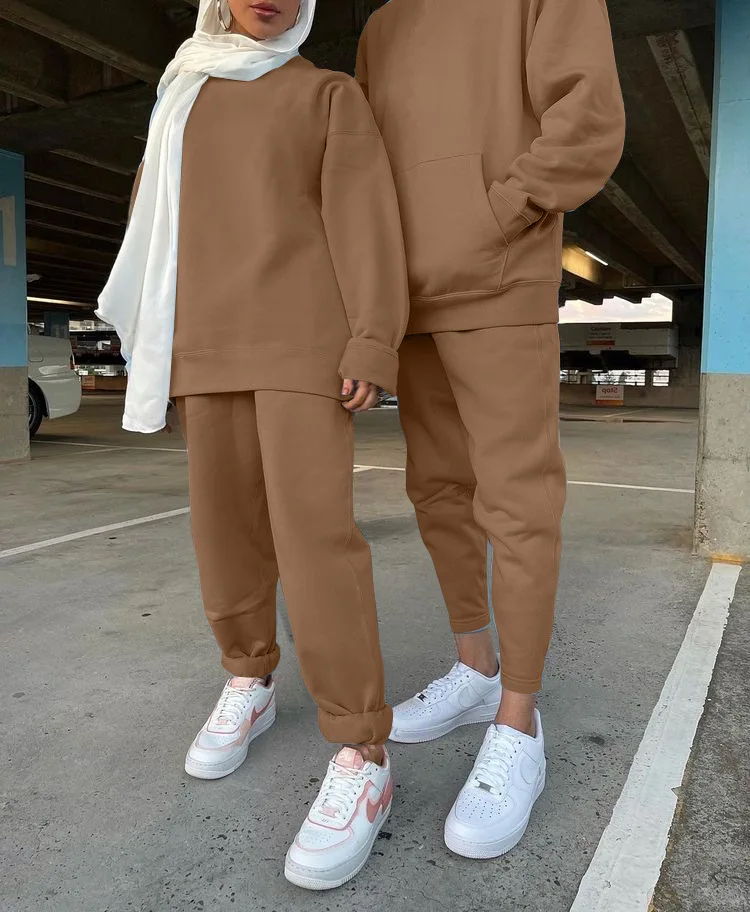 Muslim Sportswear Winter Hooded Sweater Sweatshirt Fleece Solid Color Causal Two Piece Set Top and Pants Modest Islamic Clothing