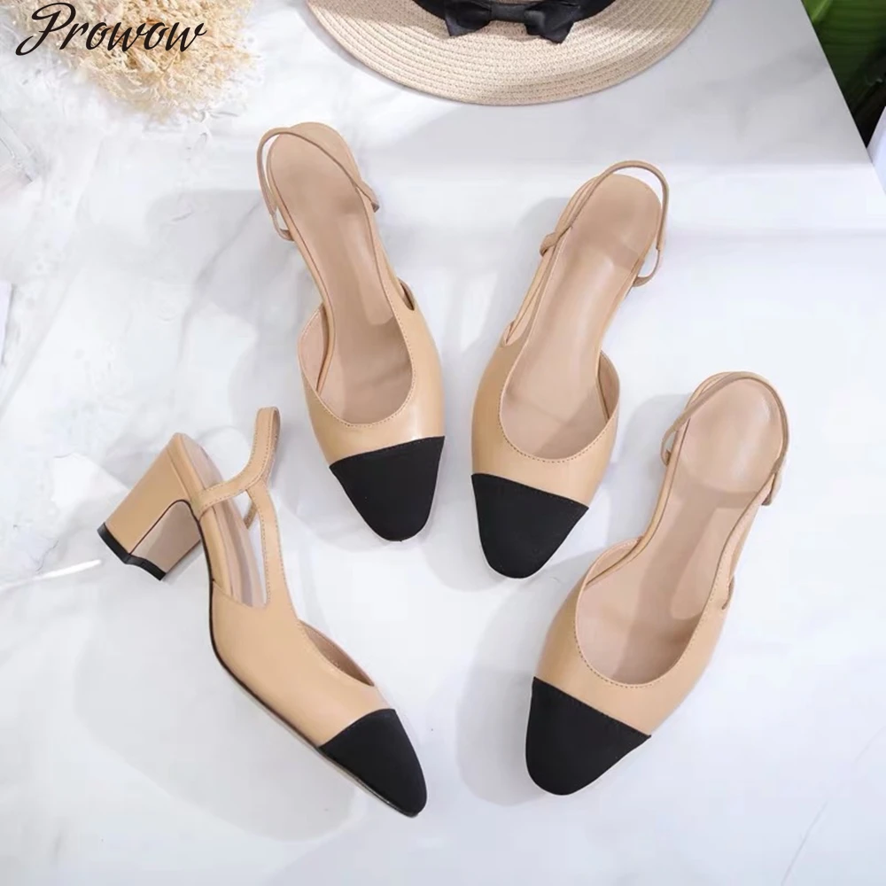 

Classics Women's Shoes Mixed Color Chunky Single Shoes Women Summer Patchwork Shallow Sandals Genuine Leather Slingback Sandals