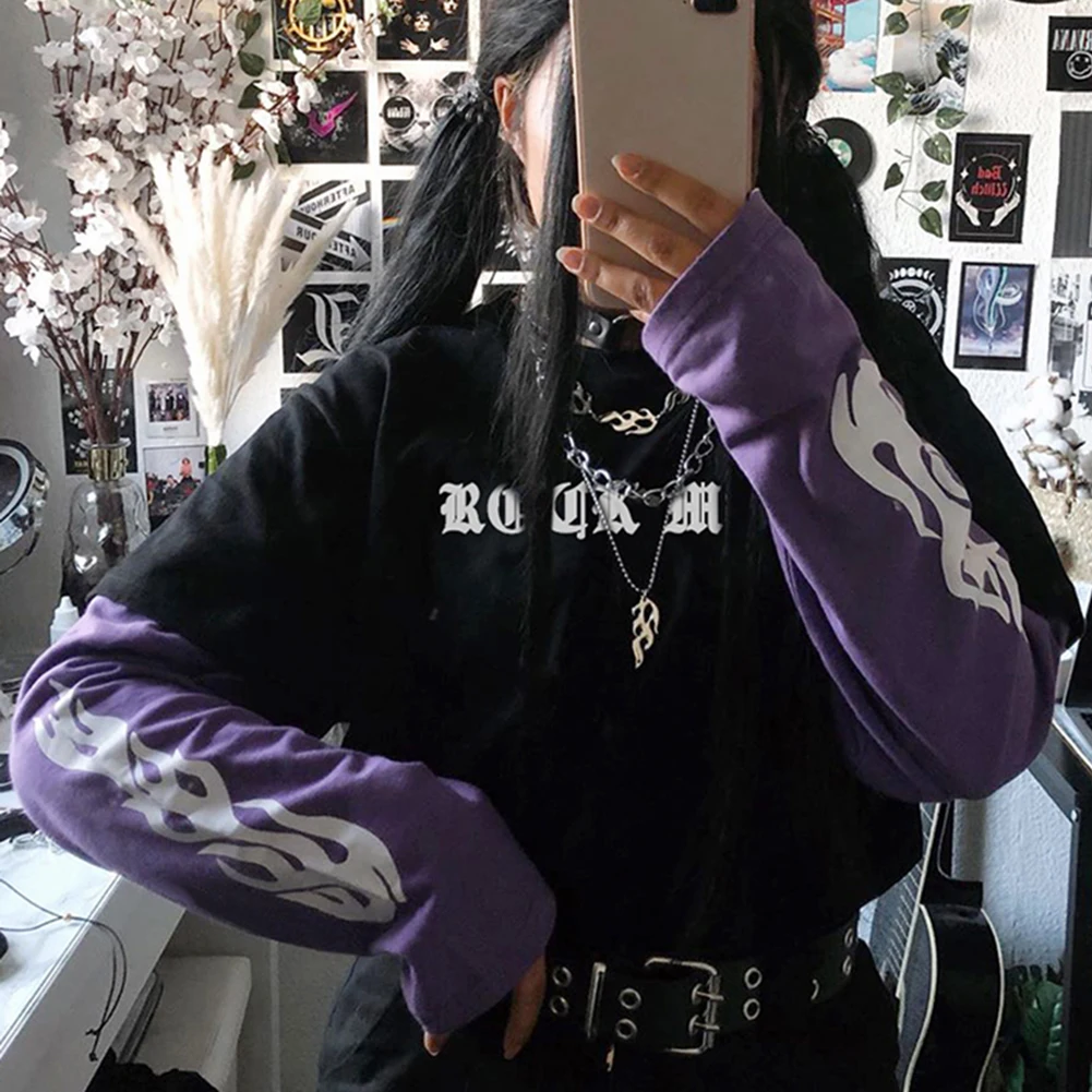 Женская футболка в стиле пэчворк с принтом пламени контрастного цвета Harajuku