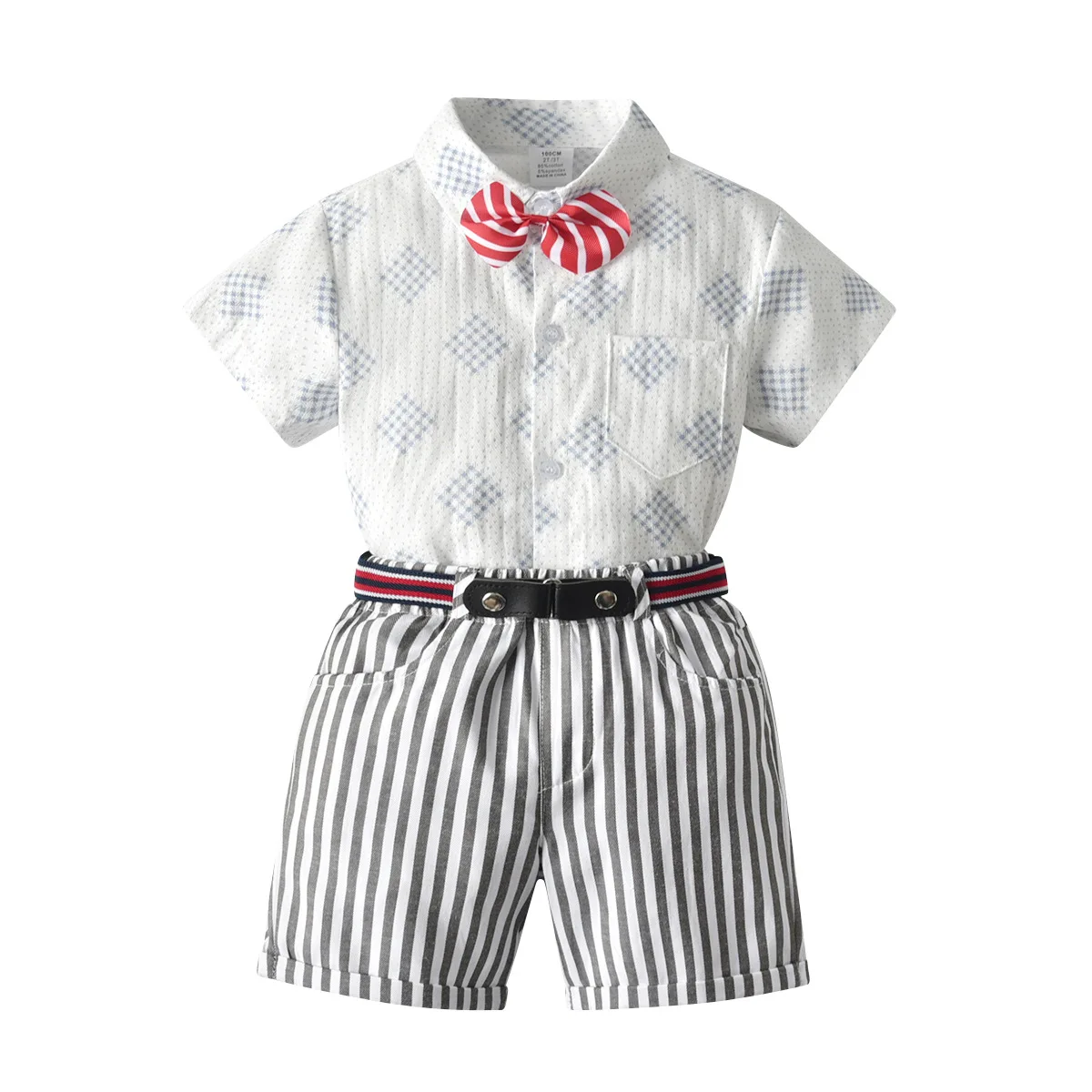 

2021 Summer Children's Boys Bow Tie Square Print Shirt Belt Striped Pants Gentleman Suit Fashion New Baby Boys Gentleman Sets