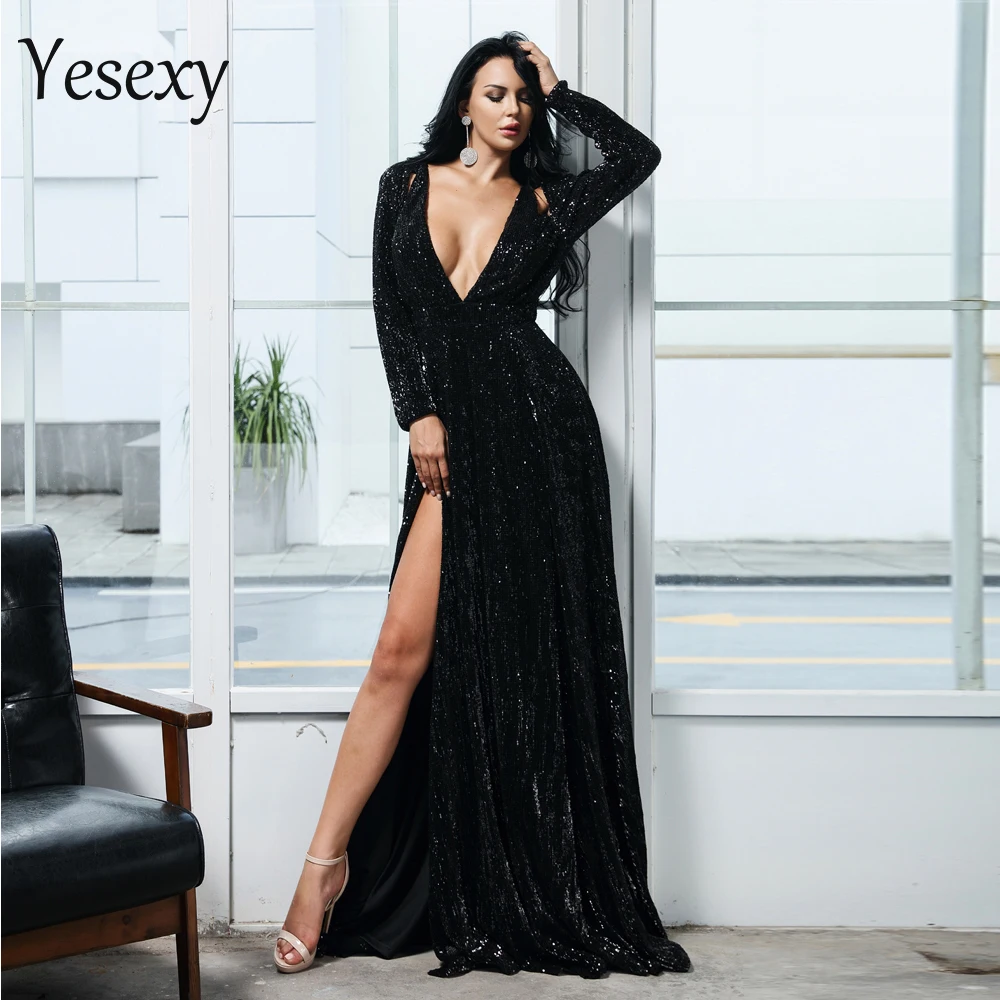 Yesexy женские Сексуальные Платья-макси с длинным рукавом и глубоким v-образным вырезом, Осеннее элегантное женское однотонное вечернее платье с блестками VR9707