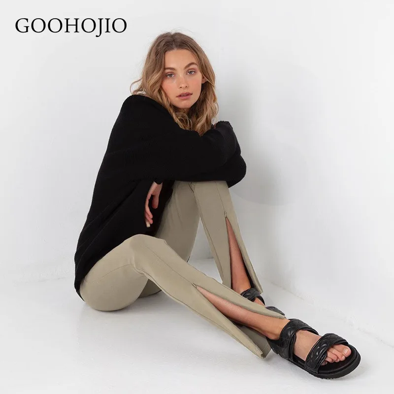 

GOOHOJIO 2021 New Spring and Autumn Temperament Split Fork Pants Women High Waist Pants for Women Fashion Slim Women Trousers