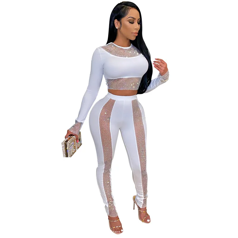 

Holiday Evening Party And Club Sheer Mesh Patchwork Sexy Two Piece Outfits For Women Pants Sets Long Sleeve Top Pants Trousers