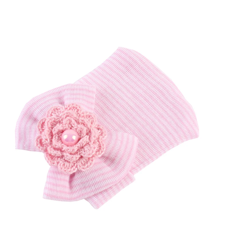 Newborn Baby Hat Toddler Warm Hats Cotton Striped Caps Soft Hospital Pink White Boys Girls Bow Beanies for New Born 0-6M | Детская