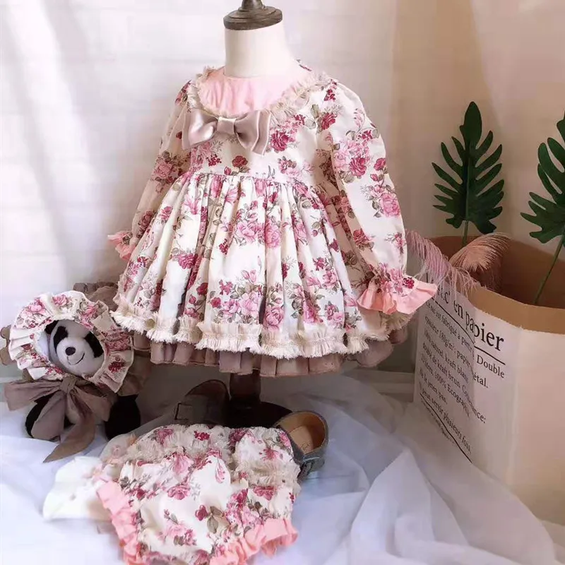 

3PCS Autumn Winter Spanish Lolita Party Dress For Baby Girl Princess Long Sleeve Flower 0-7Y Bow Ball Gown For Children Clothes