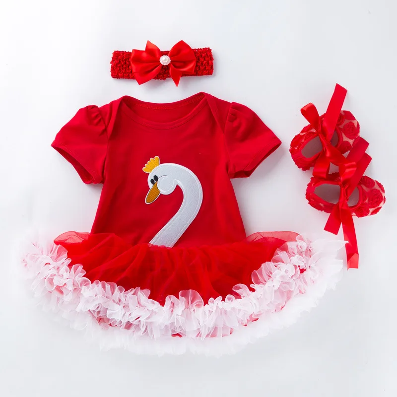 red and white Новое летнее платье с короткими рукавами и рисунком лебедя для маленьких девочек+ обувь+ повязка на голову, комплект одежды из 3 предметов, детская одежда кружевная пачка принцессы, платье - Цвет: red and white