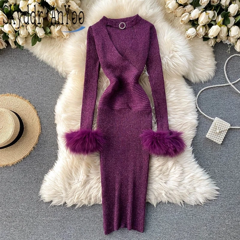 

Autumn And Winter Shiny Knitted Long-sleeved Hollow Tight SexyDress Slim Stretch Warm Knitted Dress Women