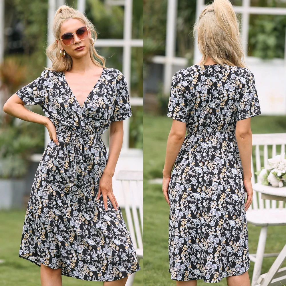 

Casual Women Dress Deep V Neck Short Sleeve Lacing Print Floral Pocket Big Hem High Waist Daily Travel Style Vestidos Summer New