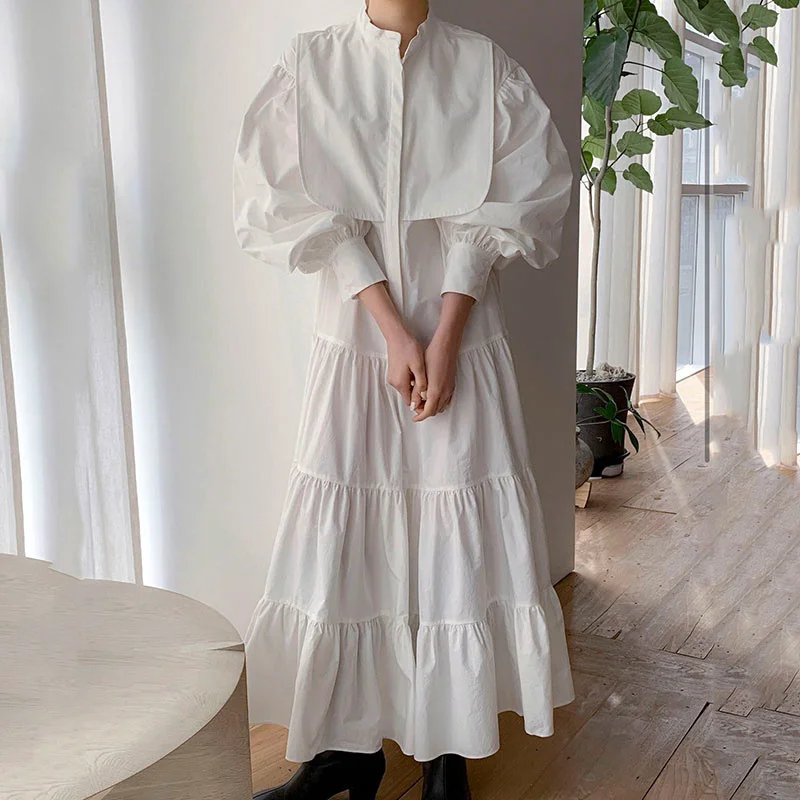 

Korean Autumn Dress Autumn French Small Stand Collar Age Reducing Lantern Sleeve Long Cake Skirt Loose Long Sleeve Dress 2021