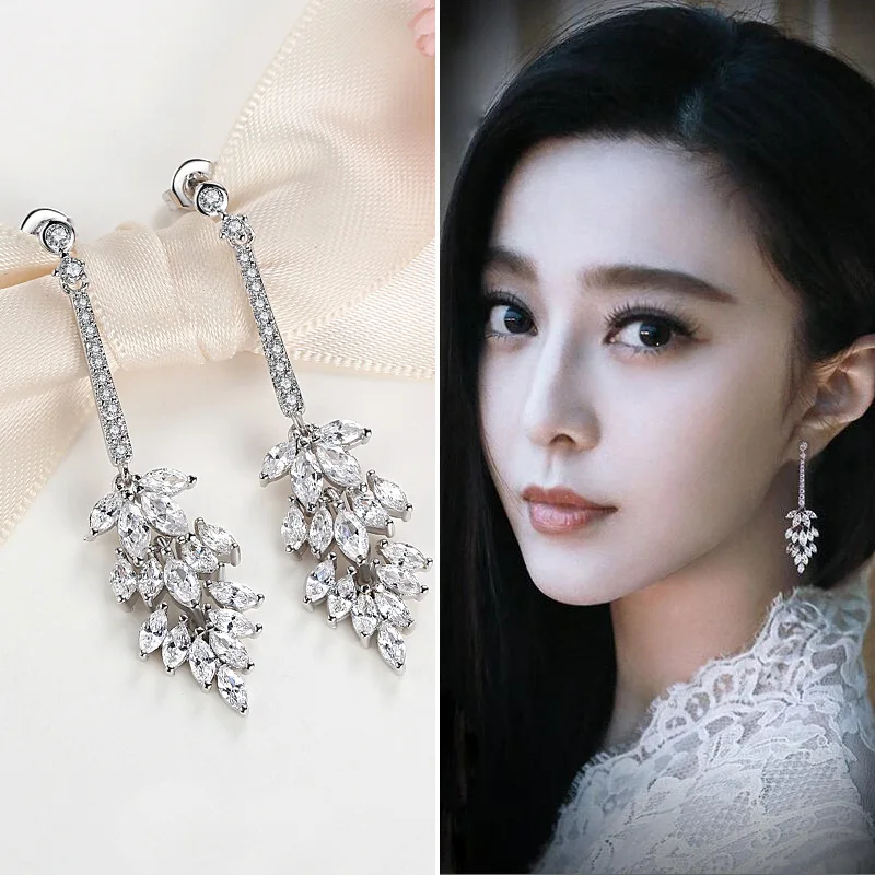 Женские Длинные свадебные серьги с фианитом подвески серебряного цвета