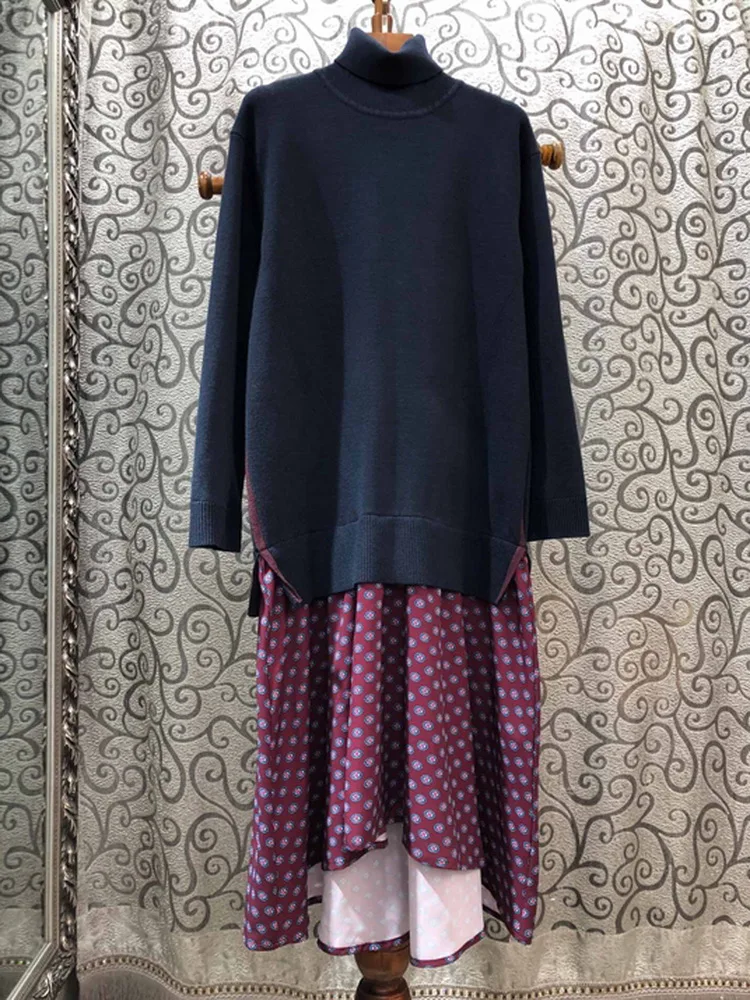 

2020 Spring Hot Women High Quality Knitted Color Wine Red Blue Stitching Patchwork Long Sleeve Casual Sweater Dress