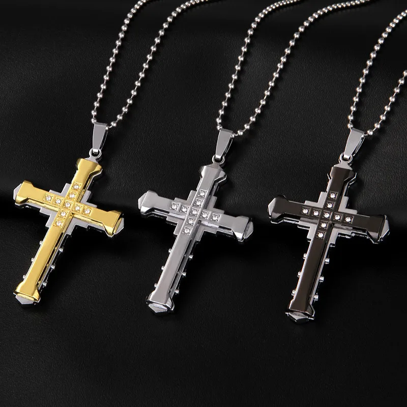 KSRA Men Stainless Steel Fashion Crystal Dark Knight Cross Pendant Necklace Hip hop Jewelry Bijoux Femme Gift 2020 New | Украшения и