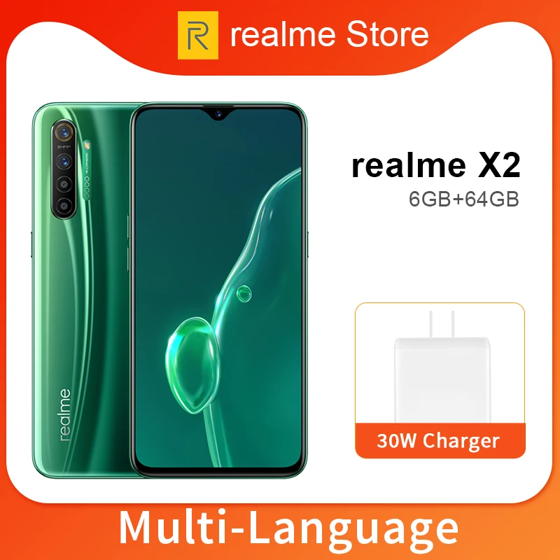 Realme X2 128 ГБ/256 ГБ 6 4 дюйма Мобильный телефон Snapdragon 730G 64MP Quad Camera NFC мобильный 30W VOOC