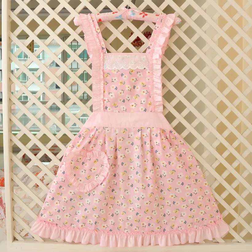

Pastoral Flower Aprons Kitchen Cooking Aprons For Women Office Study Home Work Apron Cotton Sleeve Skirt Sweet Women's Smock