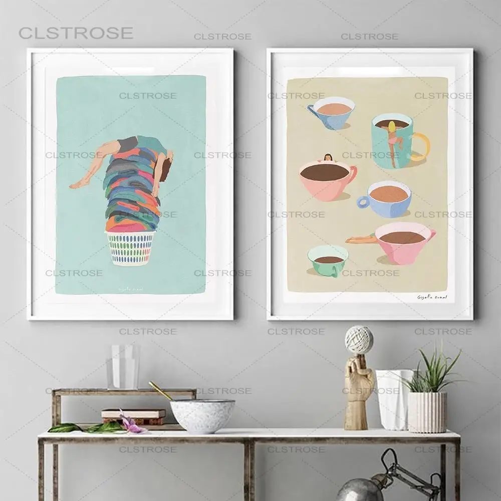 

Laundry Funny Canvas Painting Wall Art Nordic Style Coffee Cups Kitchen Posters and Prints Wall Art Pictures for Bathroom Decor
