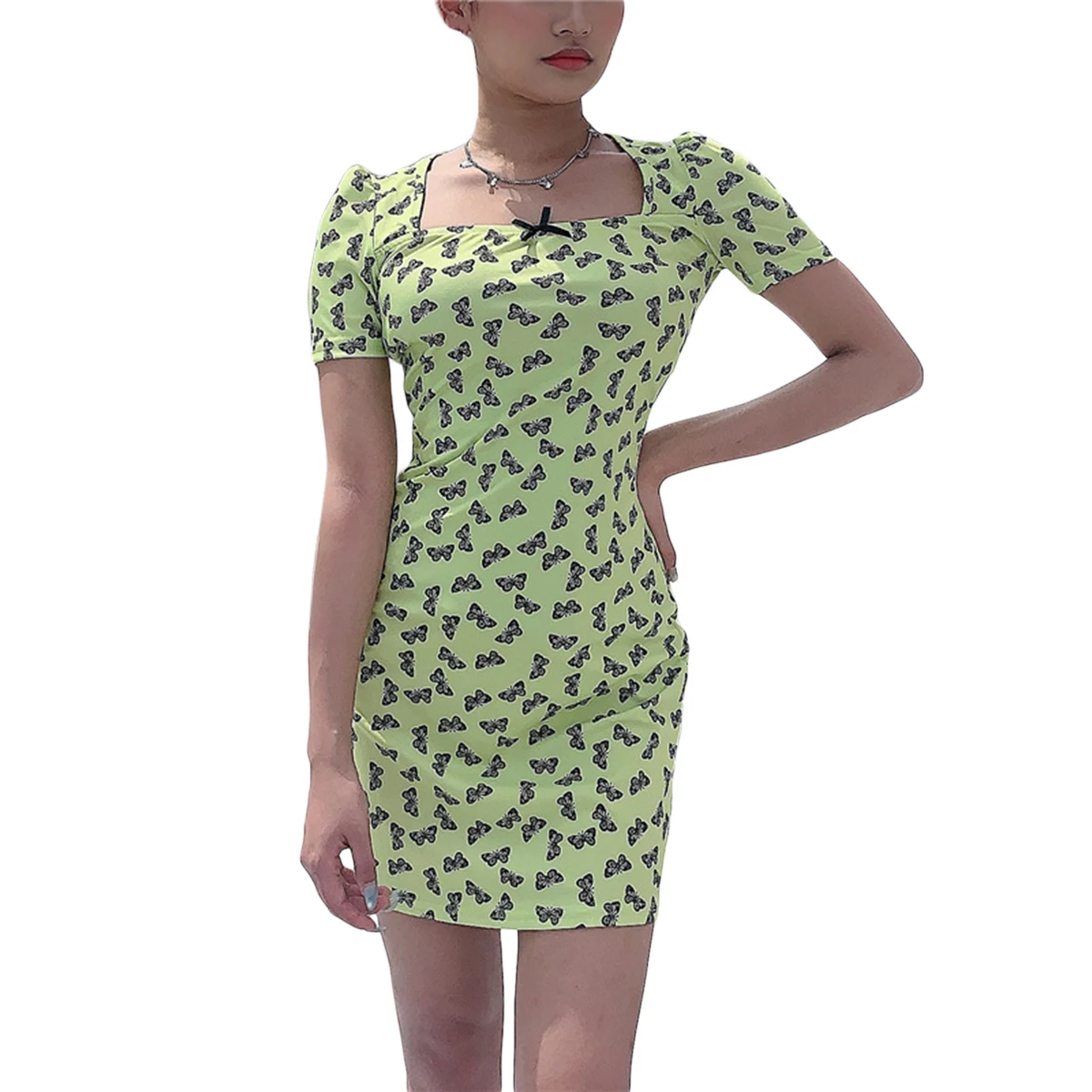 

Women Butterfly Strawberry Dress 2020 Summer Square Collar Short Sleeve Green Dresses Clothing Outfits Costume