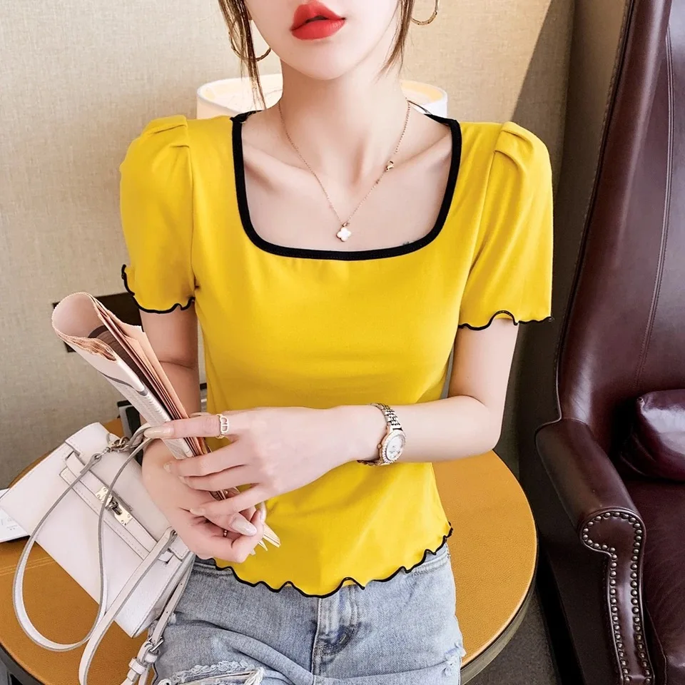 

Women Cotton yellow Fashion Cotton Ladies Tee Shirt Short Sleeve Tops Tee Shirt