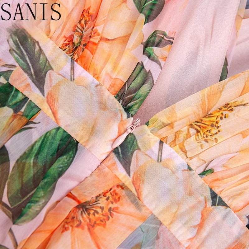 

Sanis 2021 Fashion Runway Summer Long Party Dress Women V-neck Floral print Bohemia Ladies Vacation Chiffon Maxi Dress