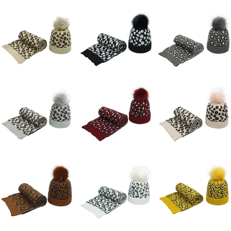

Women Winter Vintage Leopard Knitted Pompom Cuff Beanie Hat and Scarf Shawl Set A2UA
