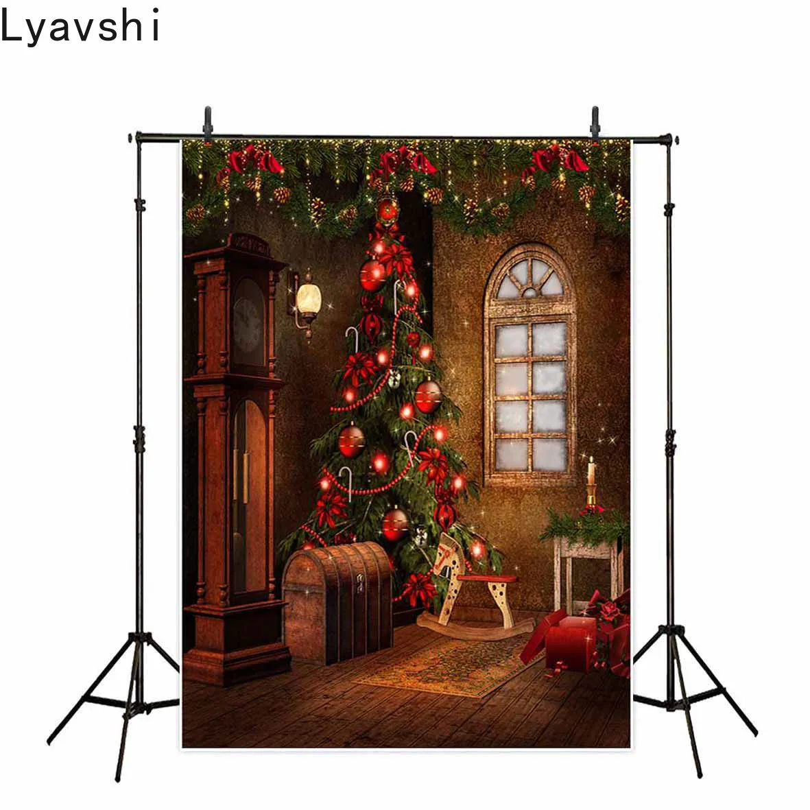 

Lyavshi Фон фотографии рождественской елки украшения троянским конем принт Подарочная лошадь деревянная коробка фон фото студия фотосъемки